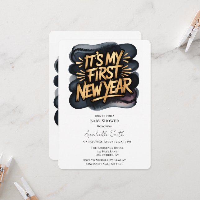 It’s My First New Year in Black & Gold Baby Shower Invitation (Front/Back In Situ)