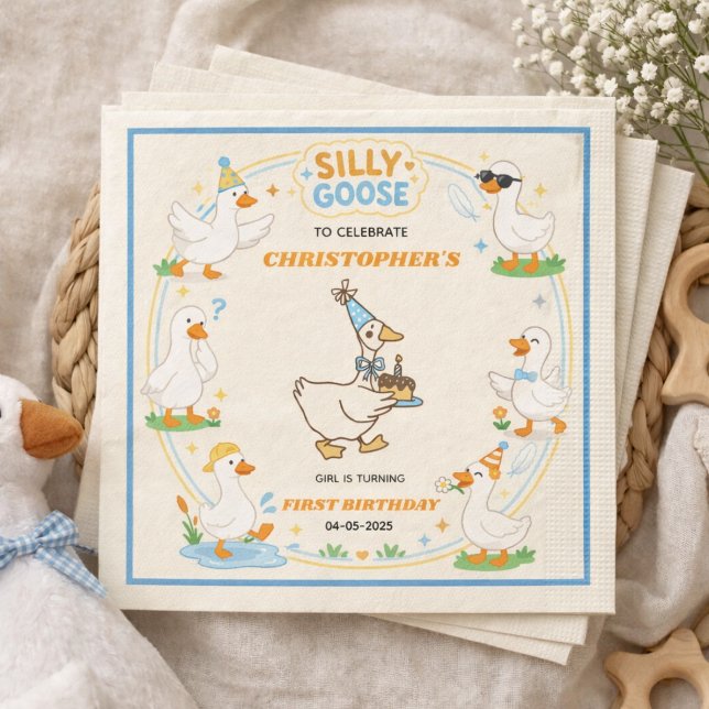 It’s ONE Silly Goose Retro 1st Birthday Fun Modern Napkin (It’s ONE Silly Goose Retro 1st Birthday Fun Modern paper napkins)