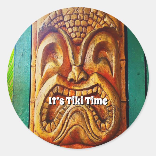 It’s Tiki Time Hawaii Fun Retro Tropical Wood Face Classic Round Sticker (Front)