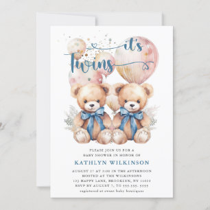 IT’S TWINS Blue Balloons Teddy Bears Baby Shower Invitation