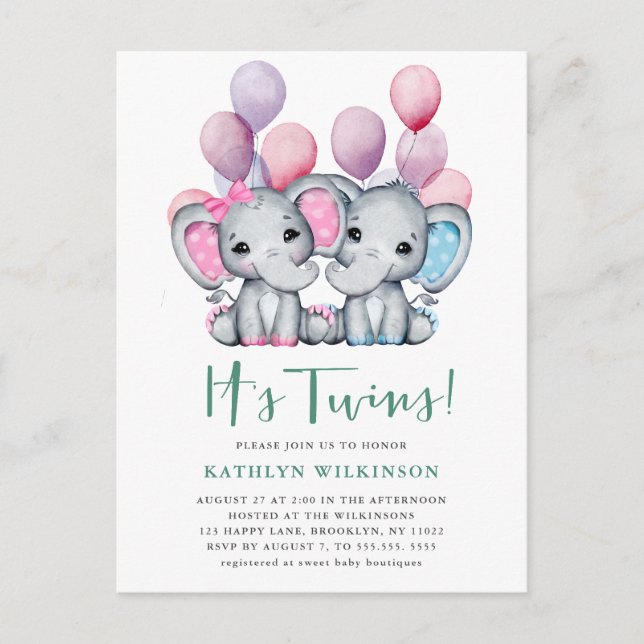 It’s Twins Boy Girl Elephant Balloon Baby Shower Invitation Postcard (Front)