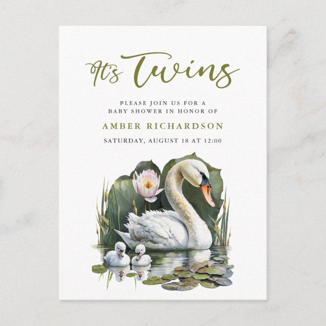 It’s Twins Elegant Green Script Swan Baby Shower Invitation Postcard (Front)