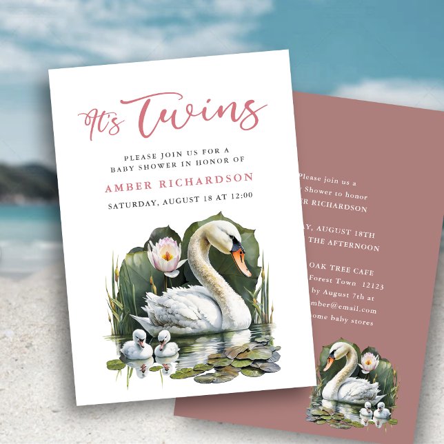 It’s Twins Elegant Pink Script Swan Baby Shower Invitation (Creator Uploaded)