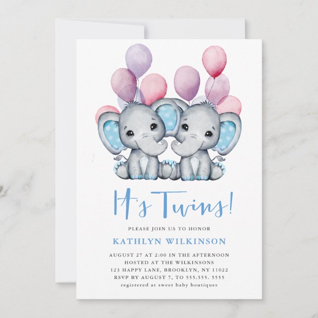 It’s Twins Elephant Blue Balloon Cute Baby Shower  Invitation (Front)