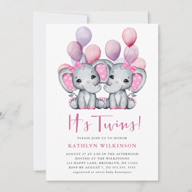 It’s Twins Elephant Pink Balloon Cute Baby Shower  Invitation (Front)