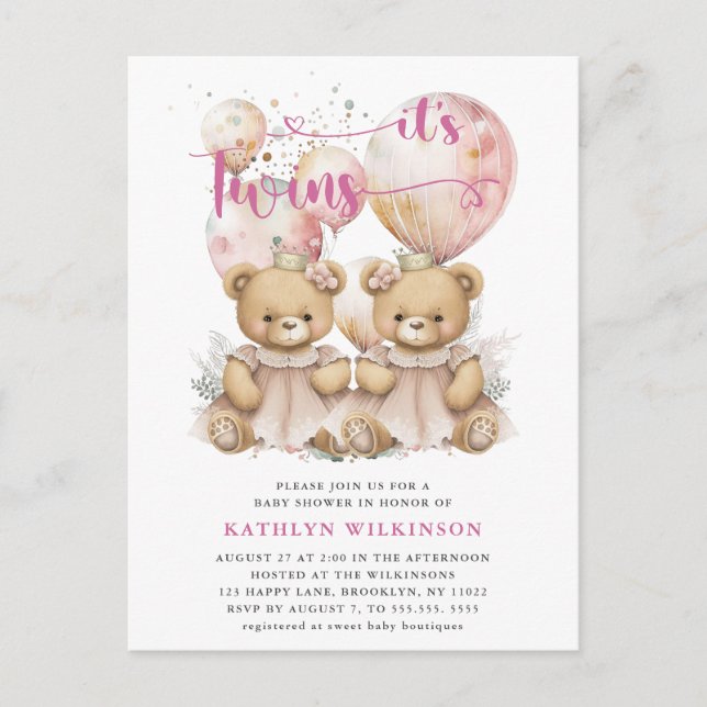 IT’S TWINS Pink Balloons Teddy Bears Baby Shower Invitation Postcard (Front)