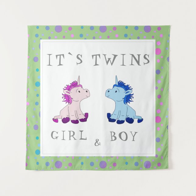 It`s Twins Unicorn Pink and Blue Baby Shower Tapestry (Front)