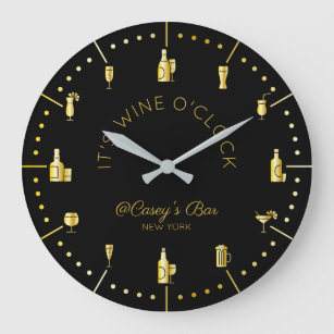 It’s Wine O’Clock Elegant Gold Black Monogram Large Clock