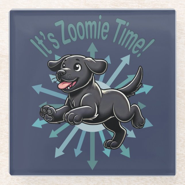 It’s Zoomie Time Black Lab Glass Coaster (Front)