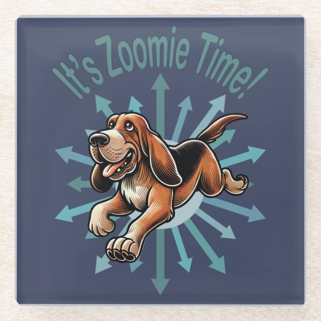It’s Zoomie Time Hound Dog Glass Coaster (Front)