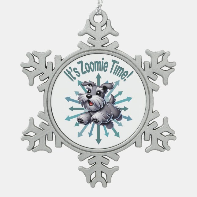 It’s Zoomie Time Miniature Schnauzer Snowflake Pewter Christmas Ornament (Front)