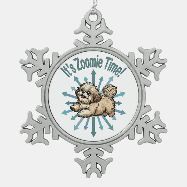 It’s Zoomie Time Shih Tzu Snowflake Pewter Christmas Ornament (Front)