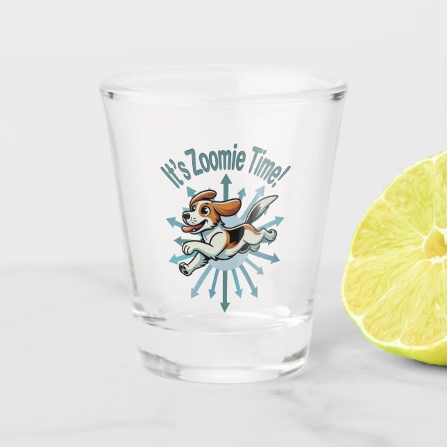 It’s Zoomie Time Small Beagle Mutt Shot Glass (Front)