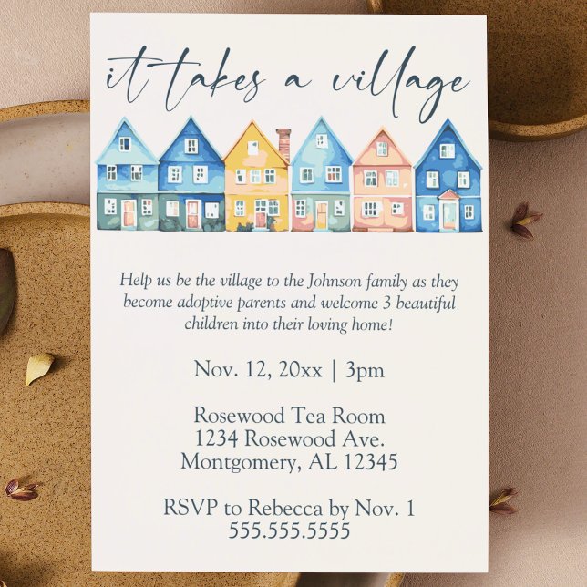 "It Takes a Village" Adoption Foster Care Shower Invitation ("it takes a village" foster / adoptive baby or child shower invitation cute watercolor pastel houses)