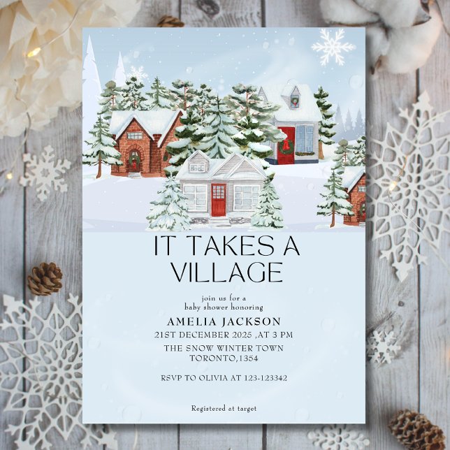 It Takes a Village Blue winter town baby shower Invitation (Creator Uploaded)