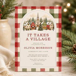 It Takes a Village Christmas Gingham Baby Shower Invitation