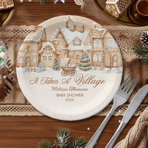 It Takes A Village Gingerbread Winter Baby Shower Paper Plate