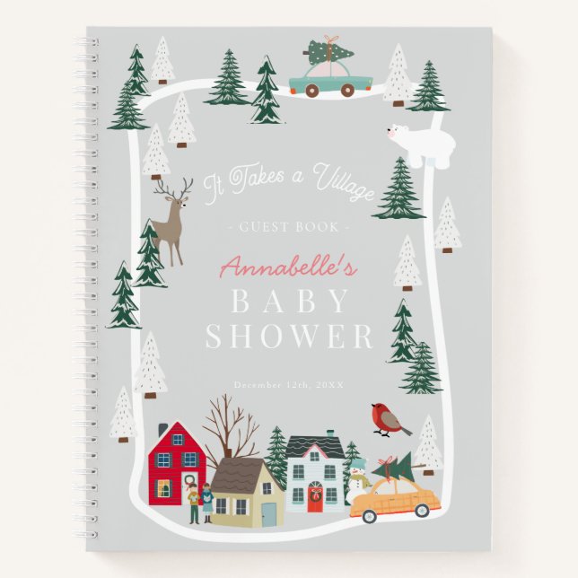 It Takes A Village Grey Baby Shower Guest Book (Front)