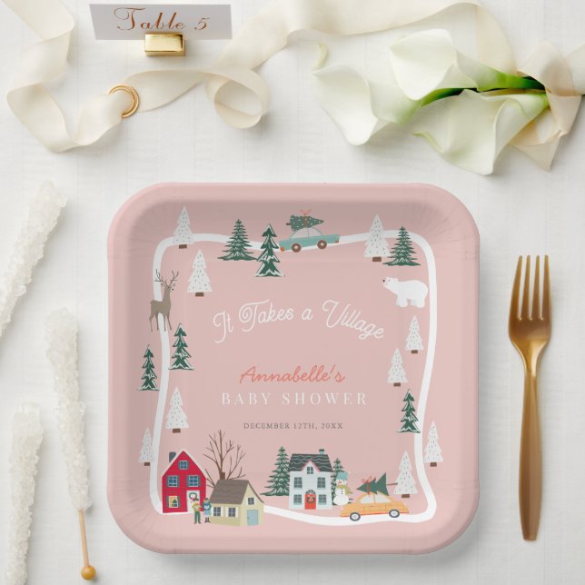 It Takes A Village Holiday Pink Baby Shower  Paper Plate (Wedding)