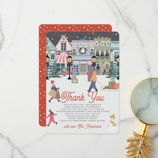 It Takes A Village Holiday Town Baby Shower Thank You Card (Front/Back In Situ)