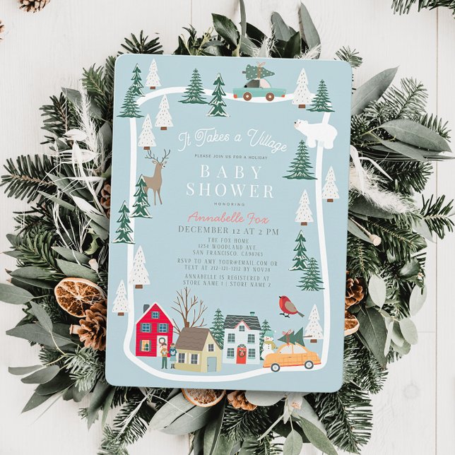 It Takes A Village Holiday Town Blue Baby Shower Invitation (Creator Uploaded)