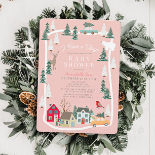 It Takes A Village Holiday Town Pink Baby Shower Invitation