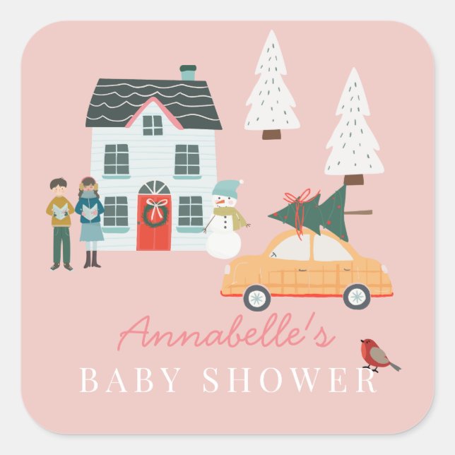 It Takes A Village Holiday Town Pink Baby Shower Square Sticker (Front)