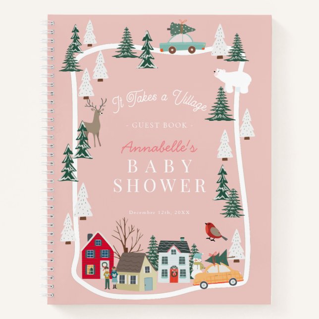 It Takes A Village Pink Baby Shower Guest Book (Front)