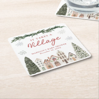 It Takes a Village Snowflake Winter Baby Shower Square Paper Coaster