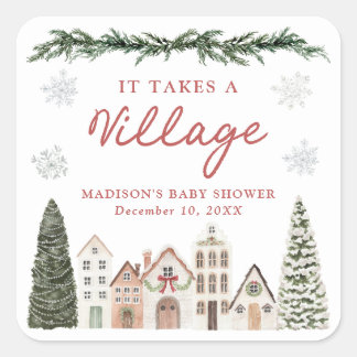 It Takes a Village Snowflake Winter Baby Shower Square Sticker