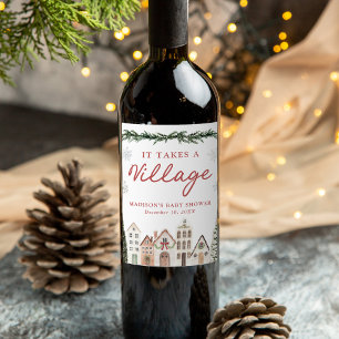 It Takes a Village Snowflake Winter Baby Shower Wine Label