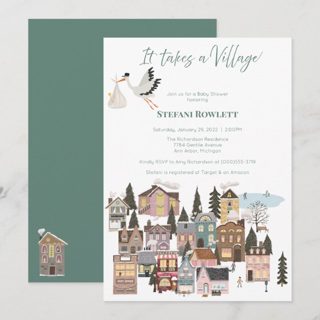 It Takes a Village Winter Baby Shower with Stork  Invitation (Front/Back)