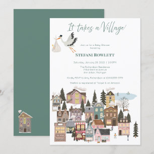 It Takes a Village Winter Baby Shower with Stork  Invitation