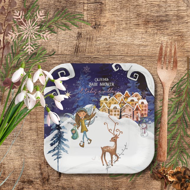 It Takes a Village Winter Fairy Girl Baby Shower  Paper Plate (It Takes a Village Winter Fairy Girl Baby Shower Paper Plates)