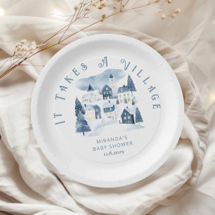 It takes a Village Winter Night Snow Baby Shower Paper Plate