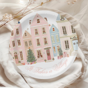 It takes a village Winter Pink Baby Girl Shower Paper Plate