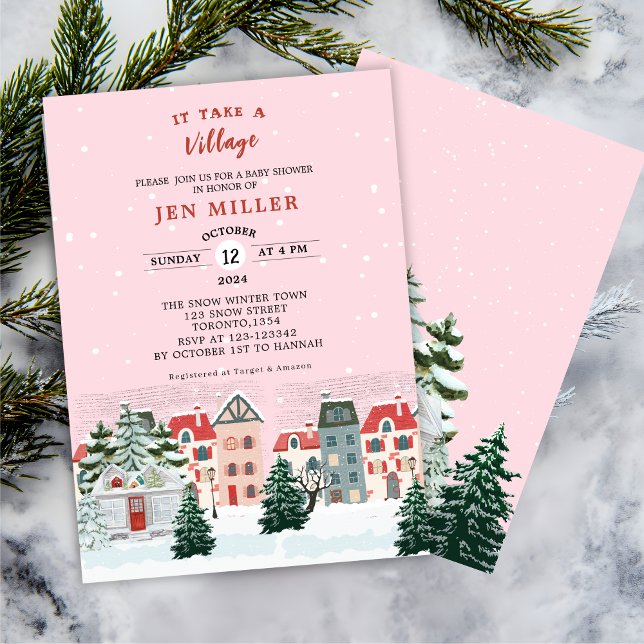 It takes a village winter pink baby shower invitation (Creator Uploaded)