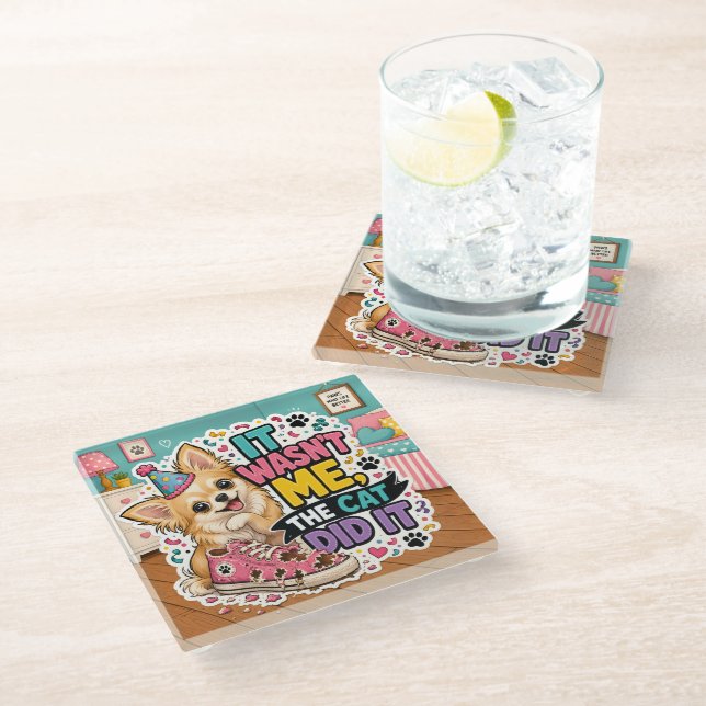 It Wasn't Me, The Cat Did It Glass Coaster (Angled)