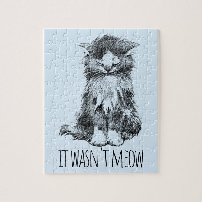 It Wasn't Meow Cute Fluffy Kitten Light Blue Jigsaw Puzzle (Vertical)