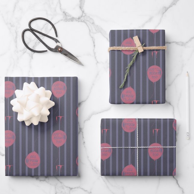 IT - You'll Float Too Balloon Striped Pattern Wrapping Paper Sheet (Front)