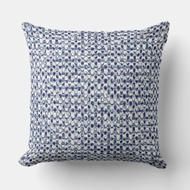 Itajime Shibori Blue Check Textile Geometric Weave Cushion (Front)