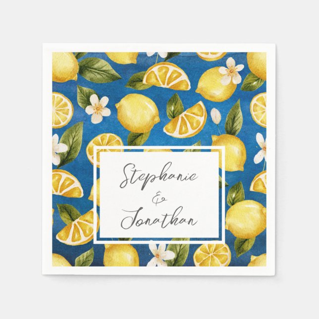 Italia Blue Watercolor Lemon Calligraphy Napkin (Front)
