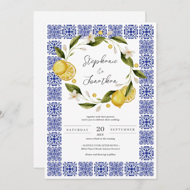 Italia Blue Watercolor Lemon Calligraphy Wedding Invitation (Front/Back)