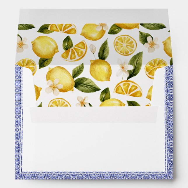 Italia Blue Watercolor Lemon Initials Wedding Envelope (Back (Bottom))