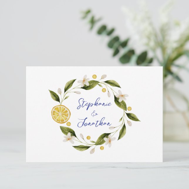 Italia Blue Watercolor Lemon RSVP Card (Standing Front)