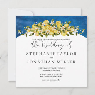 Italia Blue Watercolor Lemon Square Wedding Invitation