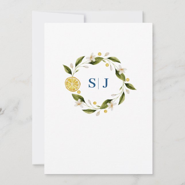 Italia Blue Watercolor Lemon Wedding Invitation (Back)