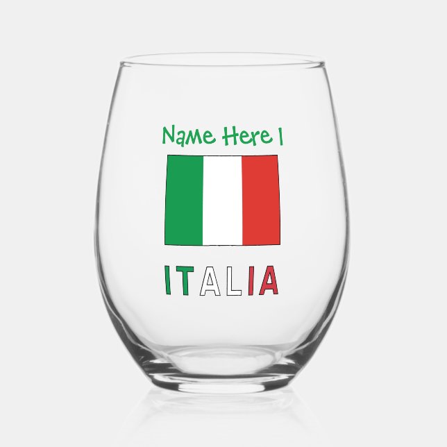 Italia e Bandiera Italiana Green Personalisation  Stemless Wine Glass (Front)