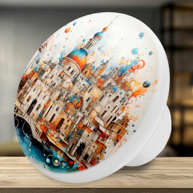 Italian Abstract Architecture  Ceramic Knob (Ceramic Knob - Artsy Italian Architecture in Teal & Orange - Accent for Any Room)