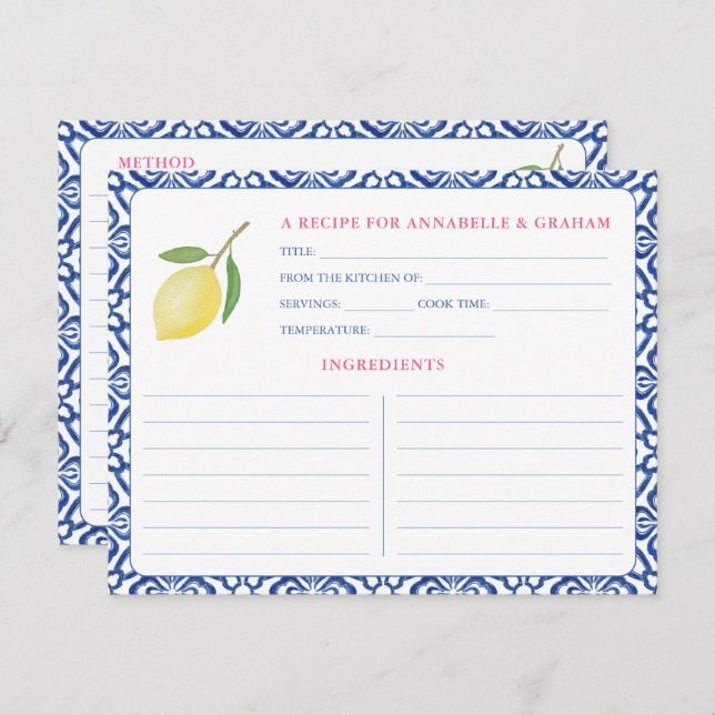 Italian Aesthetic Lemon Bridal Shower Recipe Card (Front/Back)